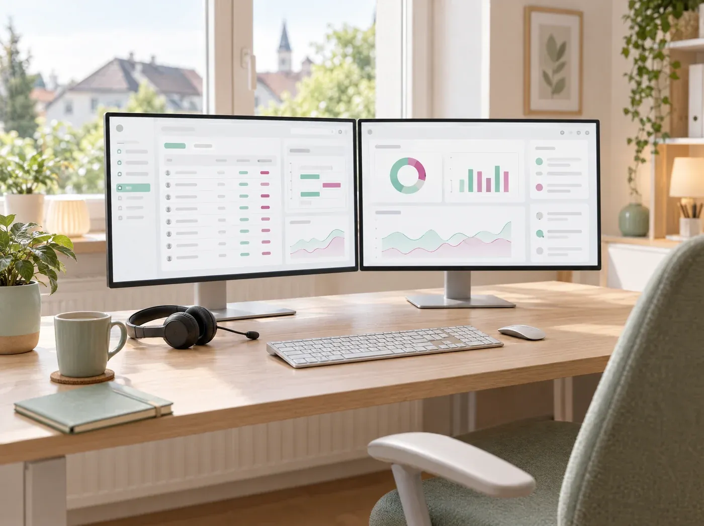 Aufgeräumter Home-Office-Arbeitsplatz mit zwei Monitoren, Headset und Tageslicht vom Fenster