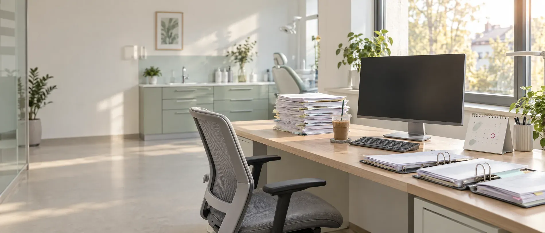 Leerer Arbeitsplatz in der Praxis mit dunklem Monitor, Aktenstapeln und offenen Ordnern