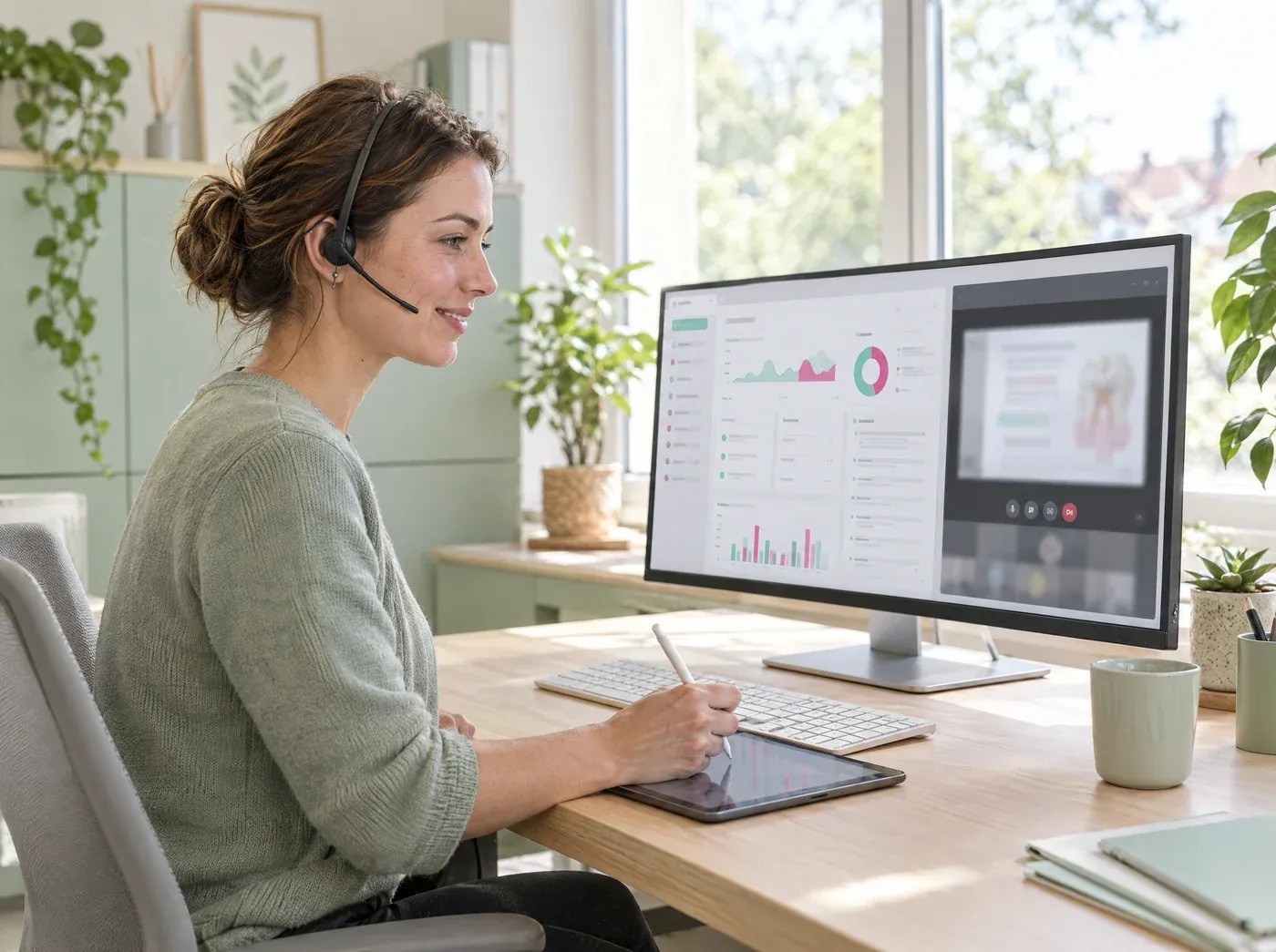 Praxismitarbeiterin mit Headset lernt am Bildschirm, daneben läuft die Online-Schulung