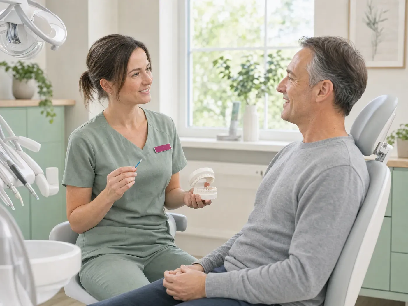 Prophylaxe-Fachkraft erklärt einem Patienten am Behandlungsstuhl die Zahnpflege mit Kiefermodell und Interdentalbürste