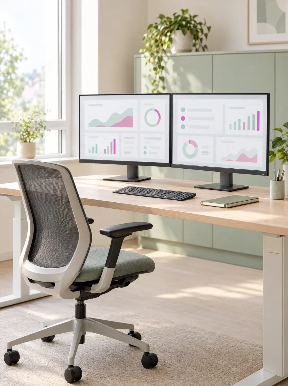Leerer Bürostuhl vor einem aufgeräumten Abrechnungsplatz mit zwei Monitoren