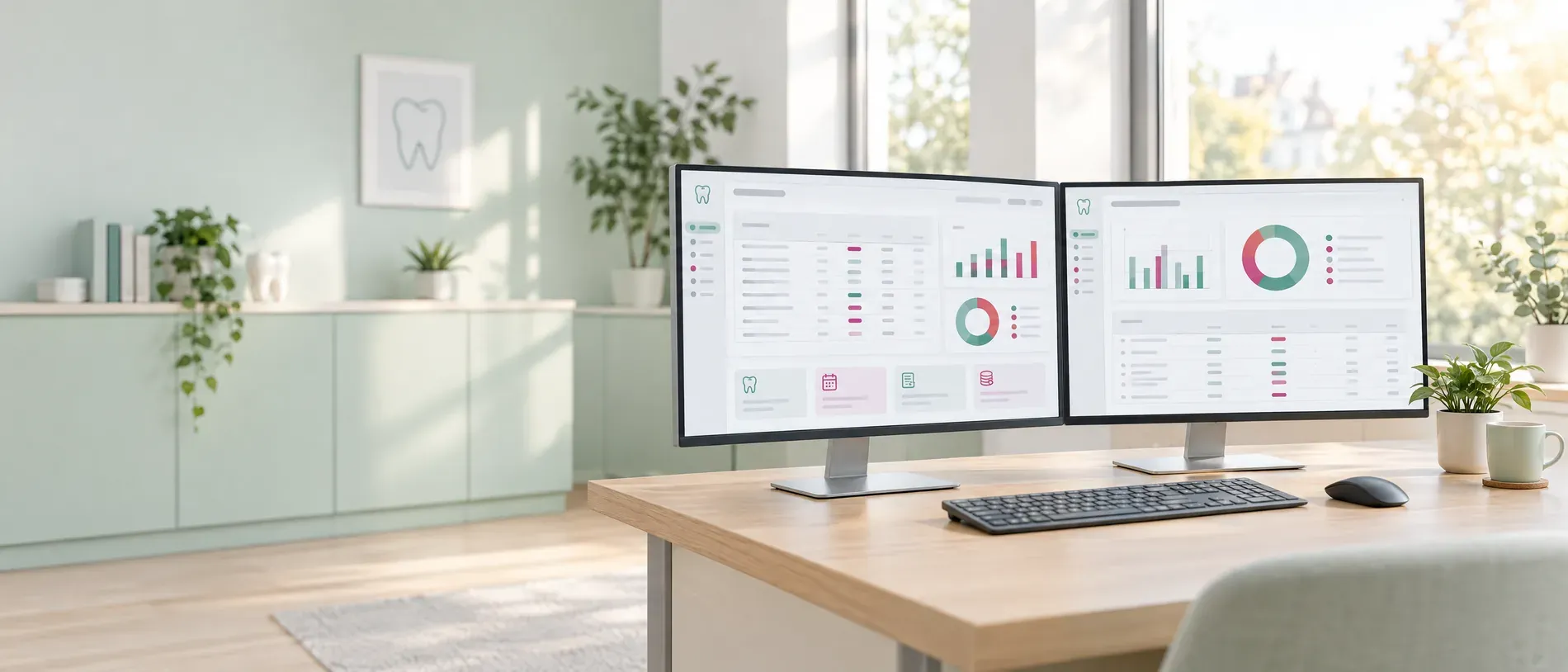 Zwei Monitore auf einem hellen Schreibtisch, darauf die Abrechnung in der Praxissoftware